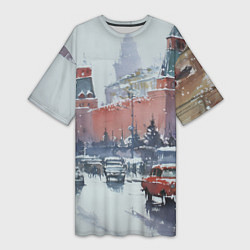 Футболка женская длинная Старинная Москва - новый год, цвет: 3D-принт