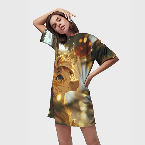 Женская длинная футболка Лошадка любуется елочным шаром / 3D-принт – фото 3