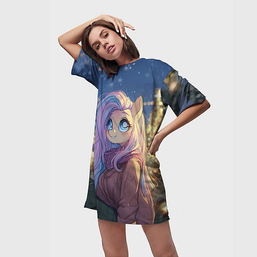 Женская длинная футболка Аниме - лошадка в новогодней атмосфере / 3D-принт – фото 3