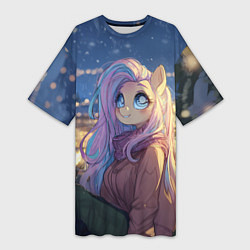 Футболка женская длинная Аниме - лошадка в новогодней атмосфере, цвет: 3D-принт