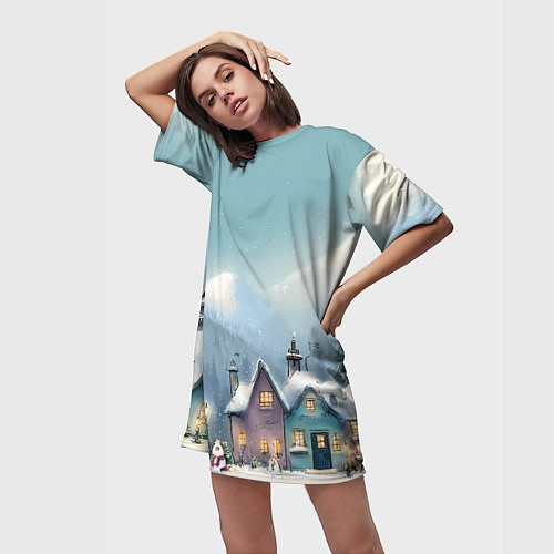 Женская длинная футболка Новогодние дома / 3D-принт – фото 3
