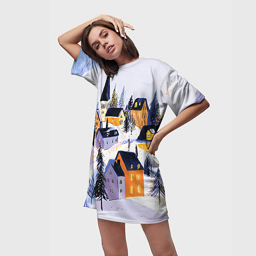 Женская длинная футболка Новогодние домики на горе / 3D-принт – фото 3