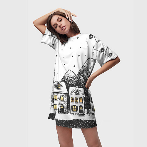 Женская длинная футболка Черно-белый новогодний город / 3D-принт – фото 3