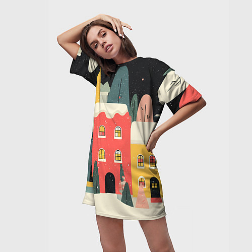 Женская длинная футболка Разноцветные новогодние дома / 3D-принт – фото 3