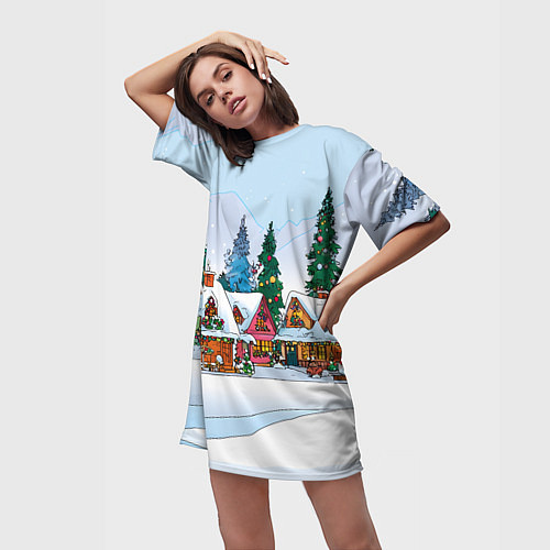 Женская длинная футболка Новогодник дворик / 3D-принт – фото 3