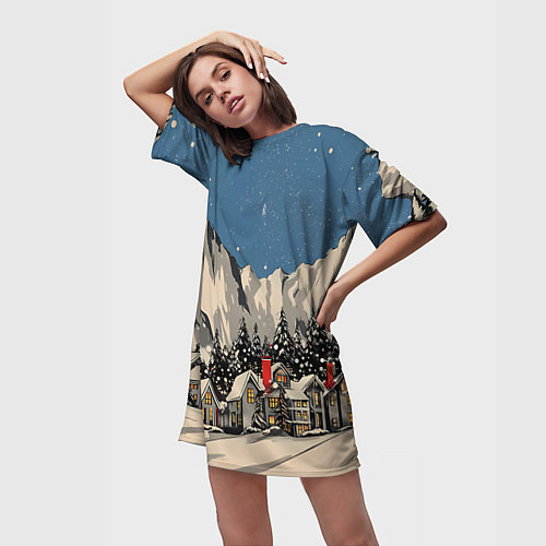 Женская длинная футболка Небольшой новогодний город в горах / 3D-принт – фото 3