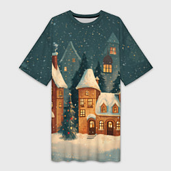 Футболка женская длинная Сказочный Новогодний городок, цвет: 3D-принт