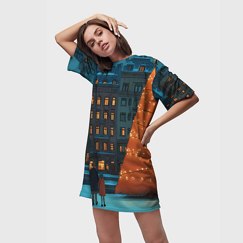 Женская длинная футболка Городская светящаяся елка / 3D-принт – фото 3