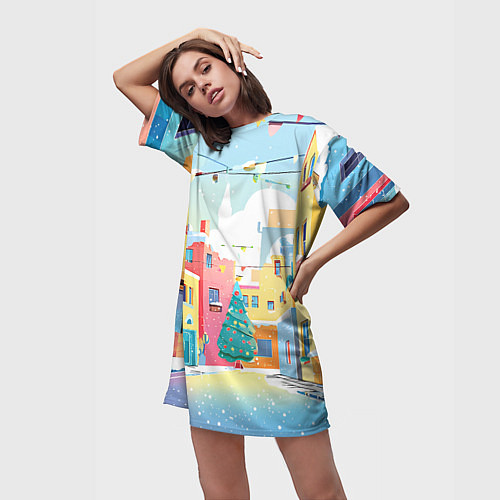 Женская длинная футболка Разноцветный новогодний дворик / 3D-принт – фото 3