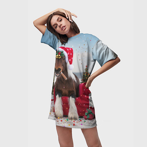 Женская длинная футболка Новогодний конь / 3D-принт – фото 3