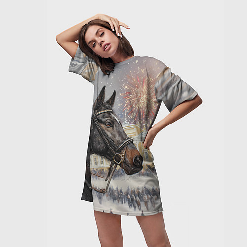 Женская длинная футболка Конь на фоне салюта / 3D-принт – фото 3
