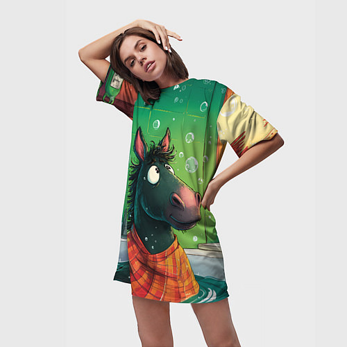 Женская длинная футболка Лошадь моется в ванной / 3D-принт – фото 3