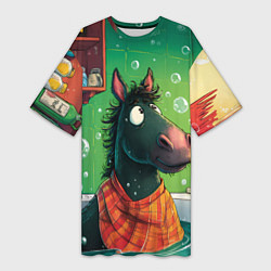 Футболка женская длинная Лошадь моется в ванной, цвет: 3D-принт