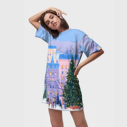 Футболка женская длинная Новогодний двор, цвет: 3D-принт — фото 2