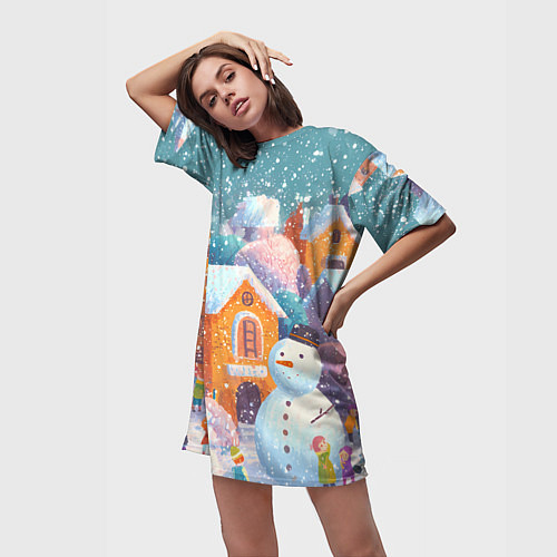 Женская длинная футболка Дети во дворе лепят снеговика / 3D-принт – фото 3