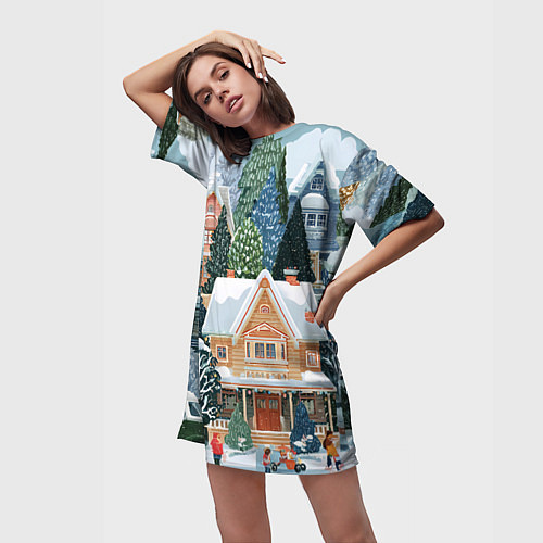 Женская длинная футболка Новогодний елочный двор / 3D-принт – фото 3