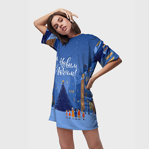 Женская длинная футболка С новым год - праздничный дворик / 3D-принт – фото 3