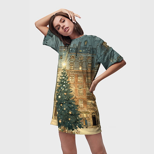Женская длинная футболка Новогодний старый город / 3D-принт – фото 3