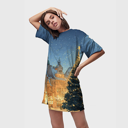 Женская длинная футболка Новый год в старом городе / 3D-принт – фото 3