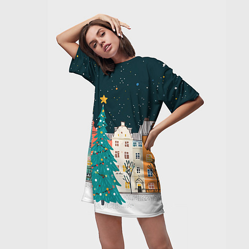 Женская длинная футболка Новогодняя ночь в городе / 3D-принт – фото 3