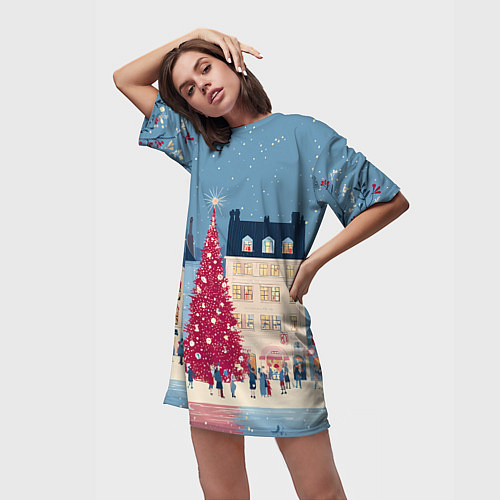 Женская длинная футболка Новогоднее гуляние у красной елки / 3D-принт – фото 3