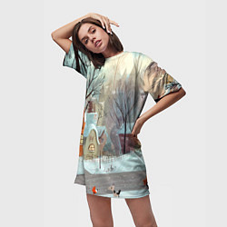 Футболка женская длинная Милый новогодний дворик, цвет: 3D-принт — фото 2