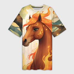 Женская длинная футболка Милая огненная лошадь