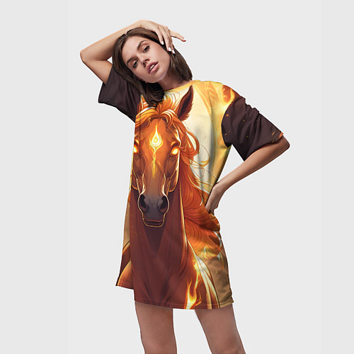 Женская длинная футболка Огненная лошадь в свечении / 3D-принт – фото 3