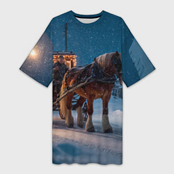 Футболка женская длинная Новогодняя лошадка с повозкой, цвет: 3D-принт