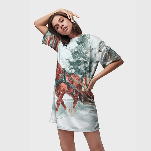 Женская длинная футболка Новогодняя лошадка 2026 / 3D-принт – фото 3