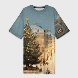 Футболка женская длинная Елка во дворе города, цвет: 3D-принт