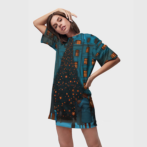 Женская длинная футболка Люди встречают новый год во дворе / 3D-принт – фото 3