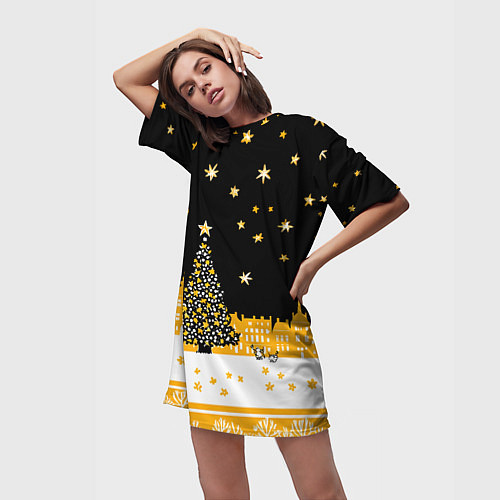 Женская длинная футболка Новый год в черно-желтом стиле / 3D-принт – фото 3