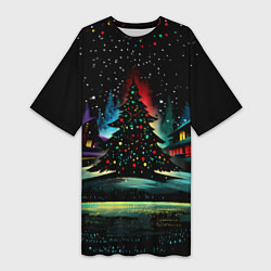 Футболка женская длинная Новый год на черном фоне, цвет: 3D-принт