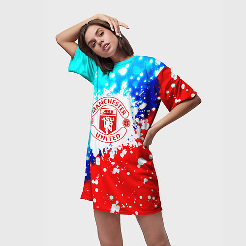 Женская длинная футболка Манчестер Юнайтед неон / 3D-принт – фото 3