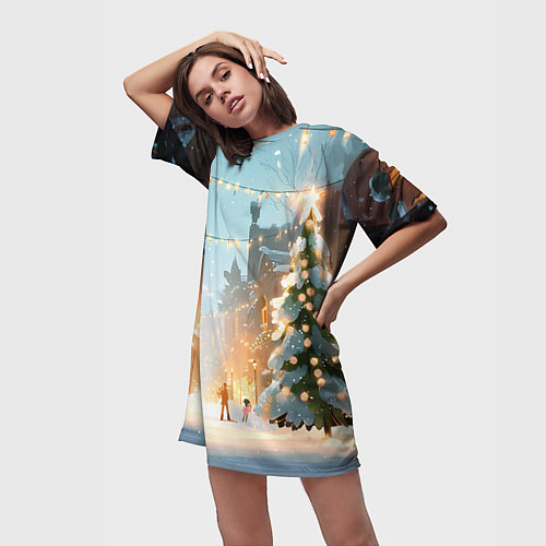 Женская длинная футболка Новогодняя елочка / 3D-принт – фото 3