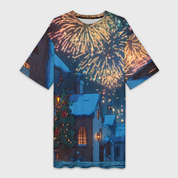 Футболка женская длинная Праздничный новогодний салют, цвет: 3D-принт