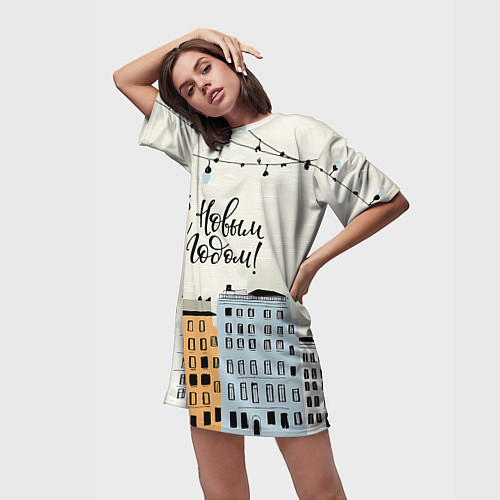 Женская длинная футболка С новым годом - новогодний городок / 3D-принт – фото 3