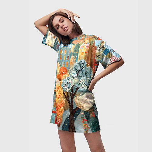 Женская длинная футболка Разноцветные новогодние домики / 3D-принт – фото 3