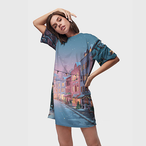 Женская длинная футболка Новогодняя улица / 3D-принт – фото 3