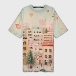 Футболка женская длинная Объемный новогодний город, цвет: 3D-принт