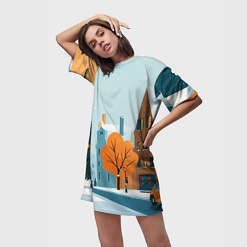 Женская длинная футболка Новогодняя улица / 3D-принт – фото 3