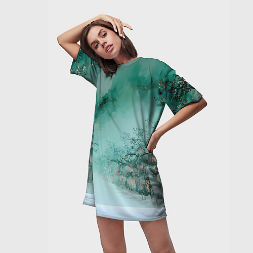 Женская длинная футболка Новогодняя туманная улица / 3D-принт – фото 3