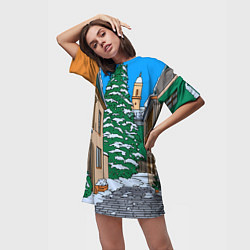 Футболка женская длинная Новогодняя мультяшная улица, цвет: 3D-принт — фото 2