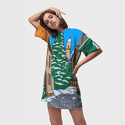 Женская длинная футболка Новогодняя мультяшная улица / 3D-принт – фото 3