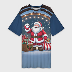 Футболка женская длинная Санта с мешком подарков, цвет: 3D-принт