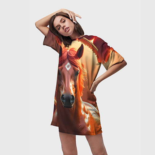 Женская длинная футболка Огненная лошадь на коричневом фоне / 3D-принт – фото 3