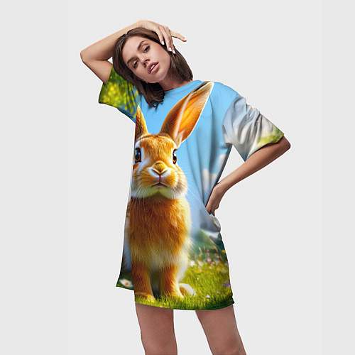 Женская длинная футболка Солнечный кролик на лугу / 3D-принт – фото 3