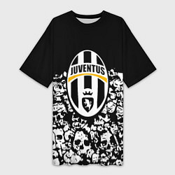Футболка женская длинная Ювентус черно белые черепа, цвет: 3D-принт