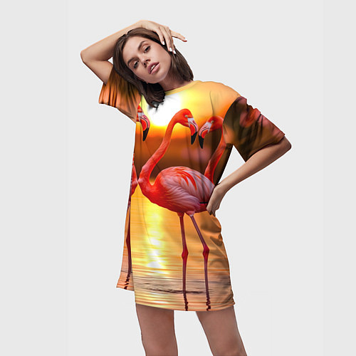 Женская длинная футболка Розовый закат с фламинго / 3D-принт – фото 3